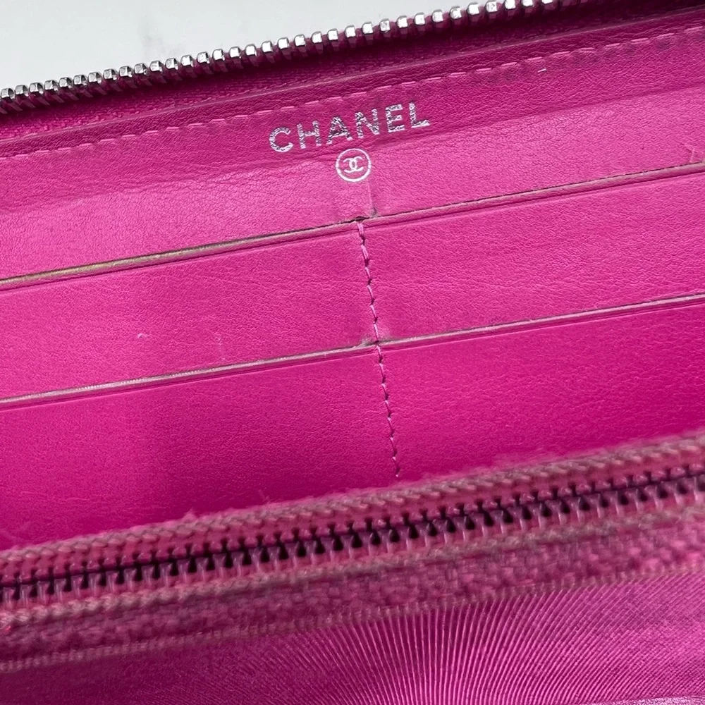 CHANEL Patent Quilted Zip Around Long Wallet Pink Salmon 14 Series (2011)